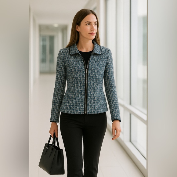 White House Black Market Tweed Zip Jacket Blue Textured Work Blazer Size 10 - Picture 6 of 12